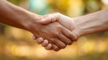 Close-up of two hands clasped in a handshake, skin tones differing, set against a blurred autumnal background symbolizing unity, collaboration, and partnership