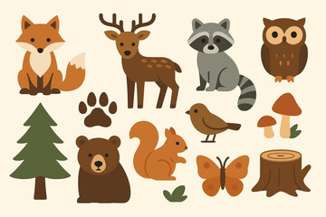 Cartoon woodland creatures: fox, deer, raccoon, owl, bear, and more
