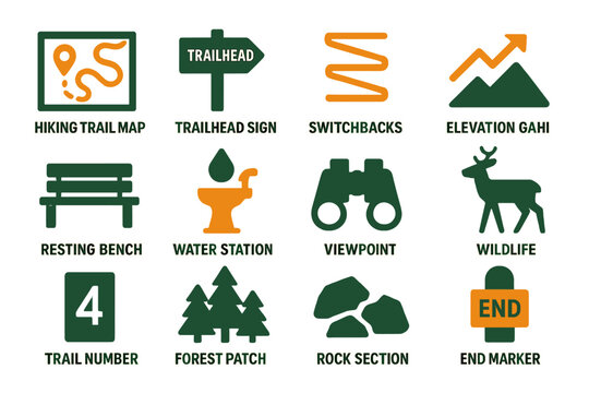 Hiking trail symbols guide: map, water station, wildlife, viewpoint signage