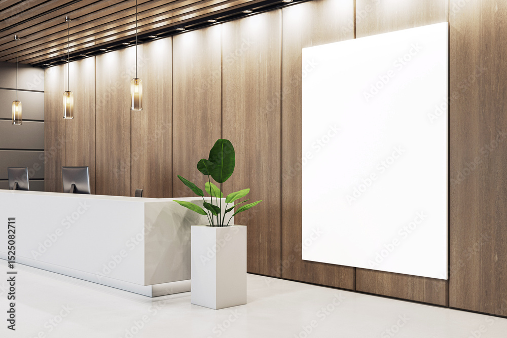Poster modern corporate reception interior with vertical blank canvas mockup on wooden wall and clean white