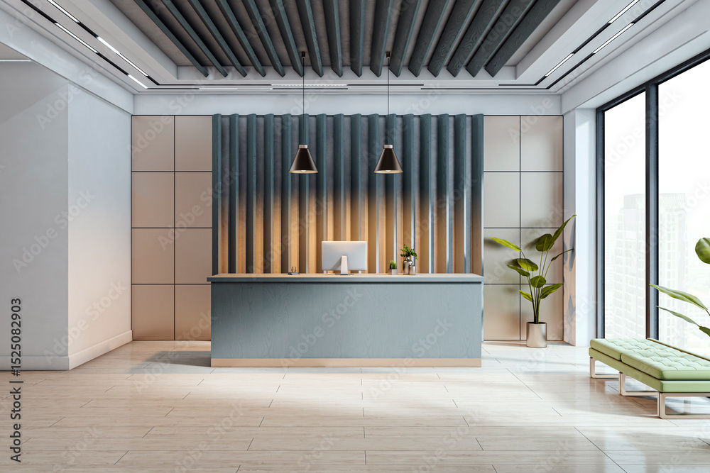 Aufkleber Modern reception desk in bright office lobby interior with stylish ceiling and large glass windows overlooking cityscape. 3D Rendering. 3D Rendering