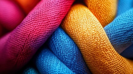 textured polyester fabric in vibrant colors, close-up of interlocking threads
