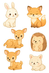 Cute woodland animals clipart set &ndash; baby deer, bunny, fox, hedgehog, kitten