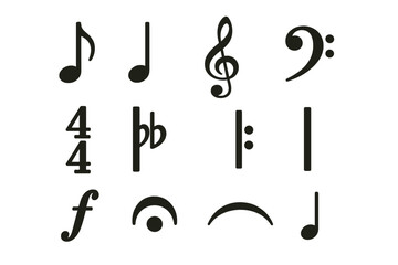Yellow background with black music symbols including notes and clef signs