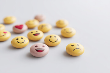 closeup of various emojis representing different emotions arranged artistically on clean background