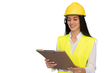 Confident female engineer wearing safety helmet and vest smiling while reviewing notes on clipboard, isolated on transparent background