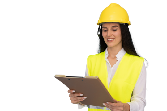Confident female engineer wearing safety helmet and vest smiling while reviewing notes on clipboard, isolated on transparent background