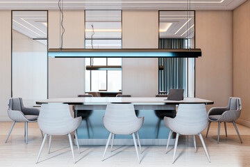 Modern executive boardroom with sleek furniture, mirrors, and ceiling lights in a spacious corporate office interior design concept. 3D Rendering
