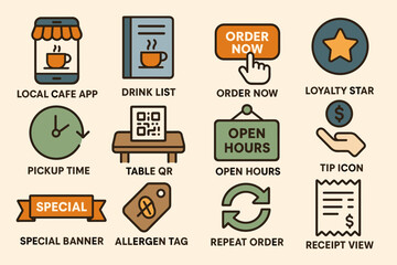 Cafe app icons featuring order, loyalty, pickup, and special offers