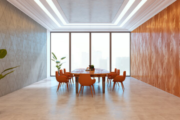 Modern executive boardroom with wooden walls, orange chairs, and large windows in high-rise office building interior. 3D Rendering