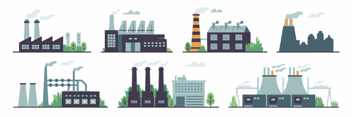 Obraz premium vector icon sheet featuring traditional and modern factories with city skyline – great for urban development, energy, or industrial themes