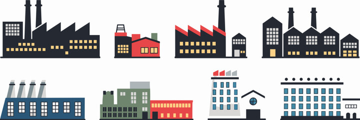 Obraz premium vector icon sheet of various factory silhouettes – perfect for industrial design, manufacturing apps, or business presentations