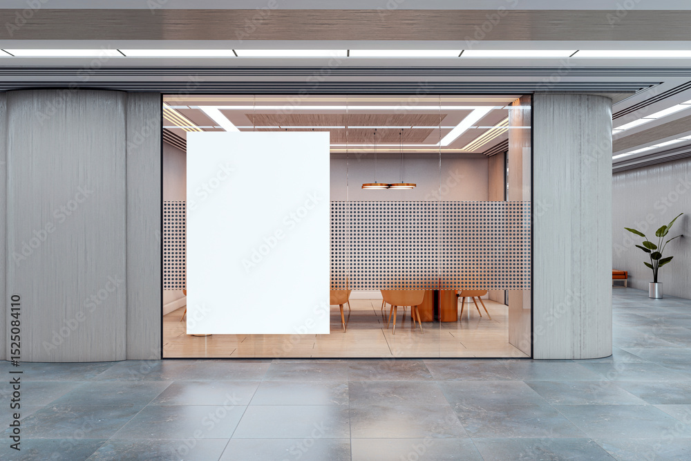 Poster vertical white blank canvas mockup inside glass-walled modern office meeting room with clean interio