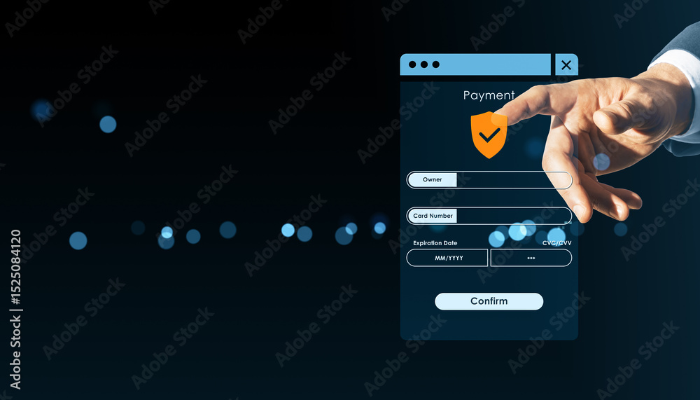 Fototapete Hand interacting with secure online payment screen interface on dark background with bokeh lights, representing digital financial technology concept.