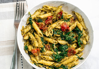penne with pesto, spinacvh and tomatoes
