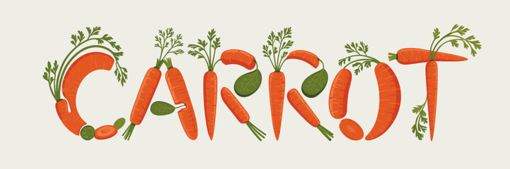carrot word made with whole and chopped carrots and green tops &ndash; suitable for vegetable farming, nutrition articles, or healthy eating promotions