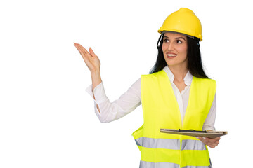 Female engineer wearing safety helmet and vest is holding a clipboard and gesturing to the side on a transparent background