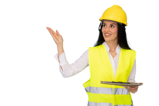 Female engineer wearing safety helmet and vest is holding a clipboard and gesturing to the side on a transparent background