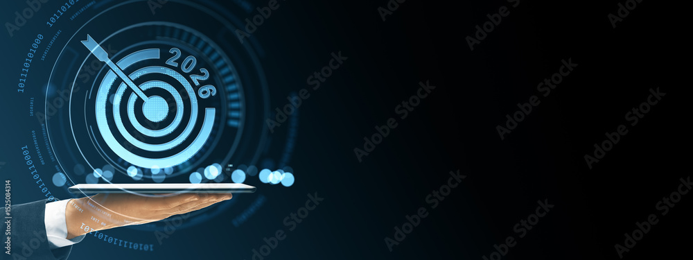 Poster businessman hand holding tablet with digital target bullseye and arrow labeled 2026 on abstract futu