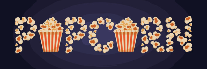 popcorn word with dynamic kernels and warm lighting – ideal for cinema marketing, snack packaging, or festive content