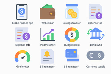 Finance app icons set with wallet, savings, expense, income chart, bank sync, bill reminders