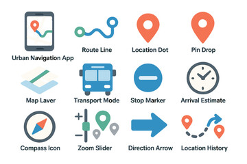 Urban navigation app icons: map, route, location, transport, compass, time