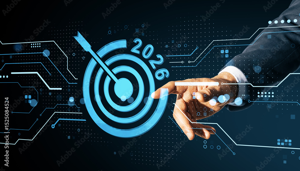 Poster business hand touching digital target interface with 2026 goal on futuristic virtual screen, symboli