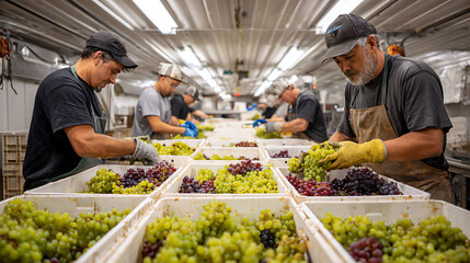 Fototapeta premium Grape Harvest Packing Operation With Crates And Workers In Modern Food Production Environment