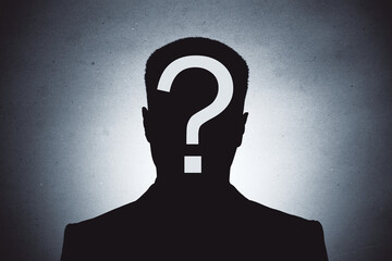 Silhouette of a person with large question mark on head against gradient background symbolizing mystery, curiosity, and unanswered identity.
