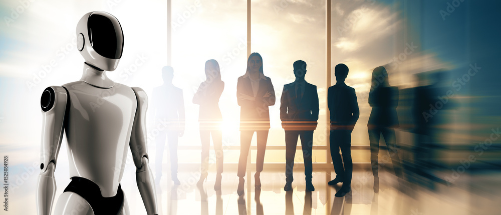Poster Futuristic humanoid robot standing in front of a business team in office setting with sunlight background, symbolizing automation and teamwork.