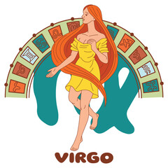 Virgo zodiac sign illustration with beautiful red-haired woman in yellow dress. Astrological symbol with horoscope background. Flat vector art
