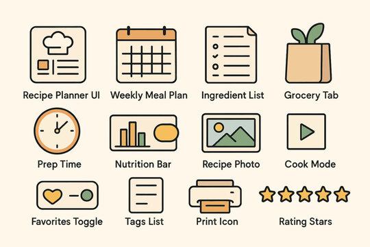 Recipe planner interface with meal plan calendar and icons for meal prep and nutrition tracking