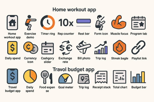 Home workout and travel budget app icons for fitness and finance management