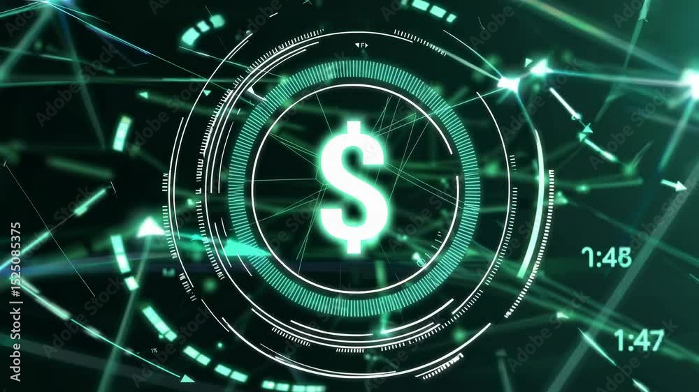 Poster digital animation showcasing dollar symbol and financial technology concepts in a futuristic setting
