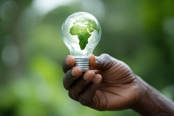 human hand holding glowing clear glass light bulb with green earth globe inside shape of african continent clearly