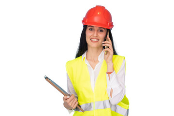 Smiling female architect wearing safety helmet and vest talking on phone and holding clipboard on transparent background, perfect cut-out for easy editing