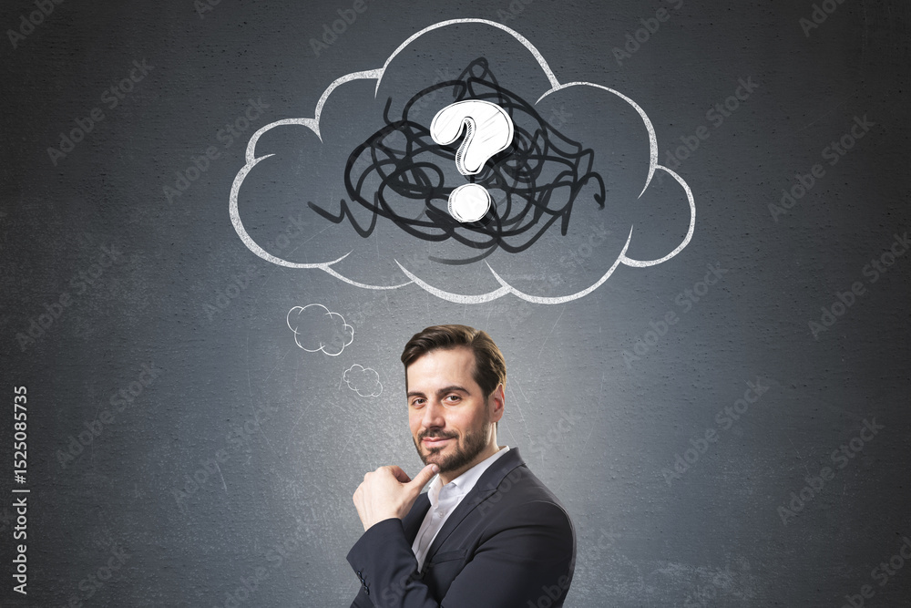 Poster confused businessman thinking with cloud and question mark above head on dark textured background as