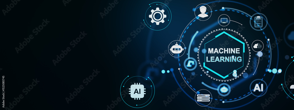 Poster Machine learning concept with AI icons and neural network symbols on futuristic digital interface background in modern blue light design style. 3D Rendering