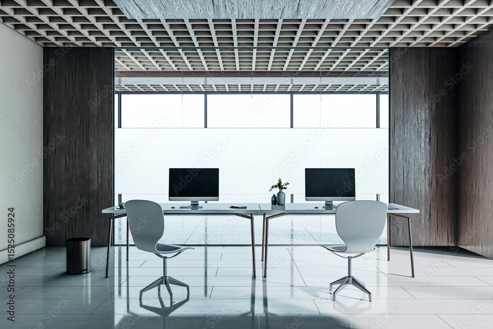 Aufkleber Modern empty office room with minimalistic desk setup and wooden grid ceiling in corporate building interior design concept background scene. 3D Rendering