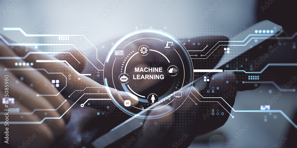Fototapete Machine learning concept interface over smartphone in hand with futuristic digital virtual HUD design on blurred background for AI technology theme.