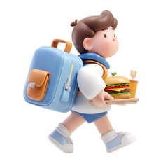 Cute 3D Boy Walking to School with Lunch.