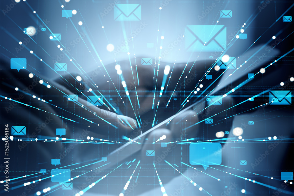 Leinwandbilder Digital email communication concept with glowing envelope icons and message symbols over smartphone on abstract blue background in motion.