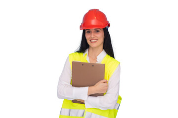 Confident female engineer gripping clipboard, representing professional expertise in construction...