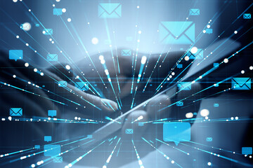 Digital email communication concept with glowing envelope icons and message symbols over smartphone on abstract blue background in motion.