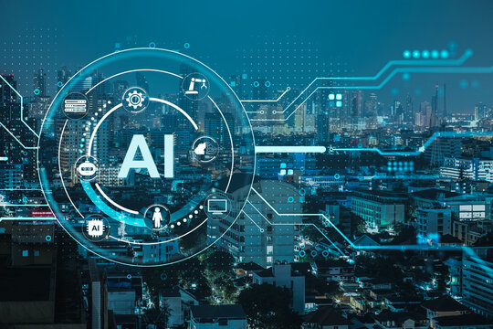 Artificial intelligence digital interface with futuristic icons over cityscape at night symbolizing neural networks and machine learning technology.