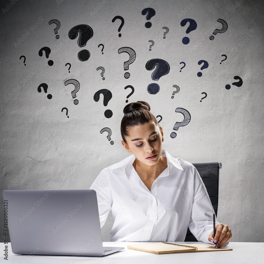 Poster thoughtful businesswoman sitting at desk with laptop and notebook, surrounded by floating question m