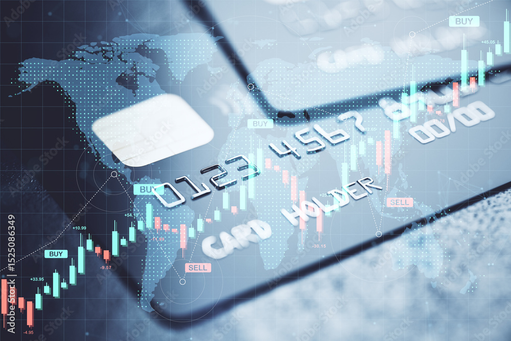 Poster Digital credit card overlay with forex market data, candlestick chart and global map background representing global financial trade concept.