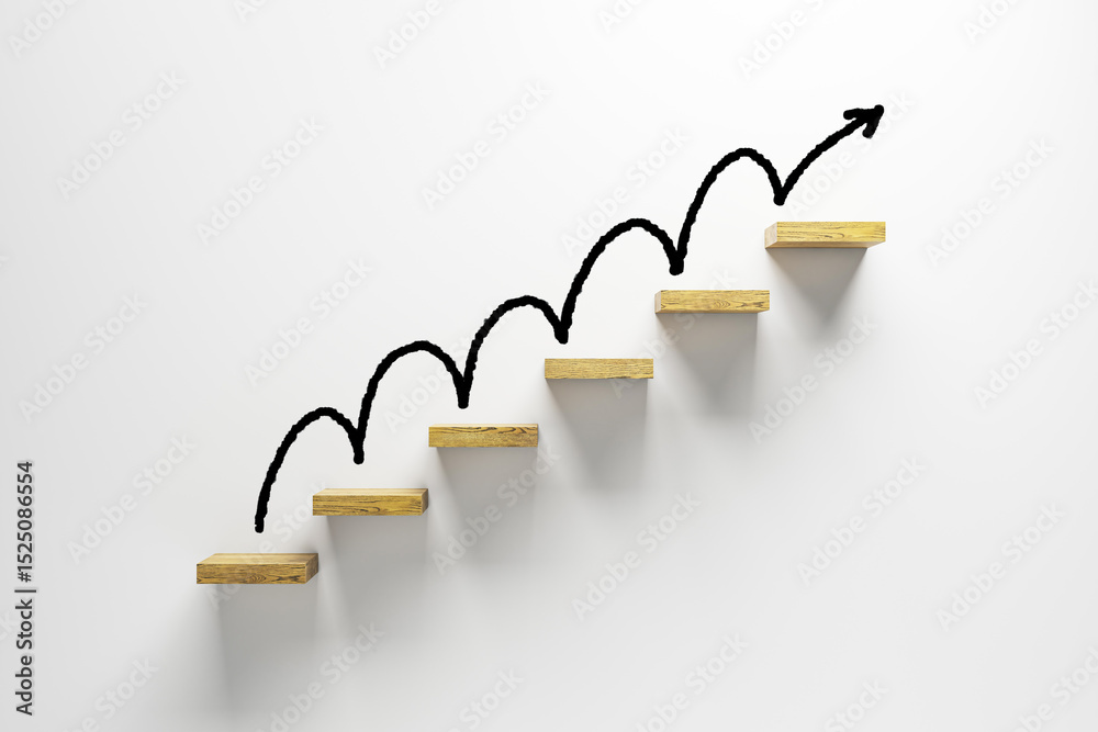 Poster wooden steps ascending on white background with upward arrow symbolizing growth, success and ambitio
