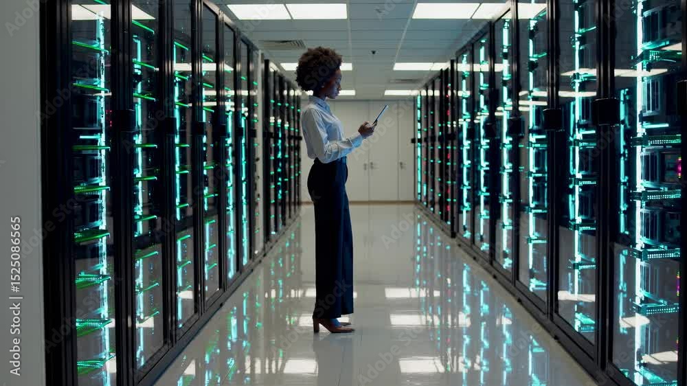 Poster woman in business attire checking tablet while standing in a server room filled with glowing racks