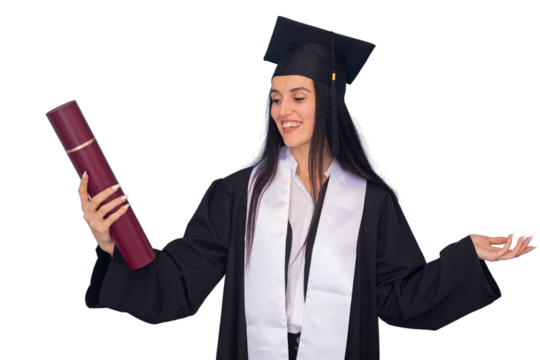 Young graduate wearing a graduation gown and cap holding her diploma while smiling with transparent background
